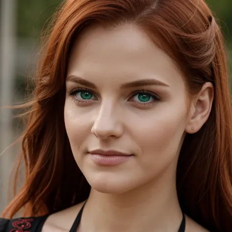 Girl with red hair, im Bierzelt, wears a dirndl, weiches, lockiges, intensiv rotes Haar, klare, real green eyes, lange dunkelschwarze echte Wimpern, Perfekt geformte dunkelschwarze echte Augenbrauen, dark caramel brown genuine leather, kurvige Figur, elega...