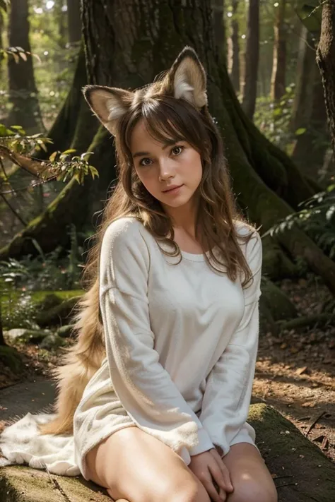 A professional high-quality photo, in 4K resolution, captures in realistic detail a charming girl in a fluffy white pajama with ears and foxtail. She is sitting in the middle of an enchanted forest, where every element is portrayed to perfection. The textu...