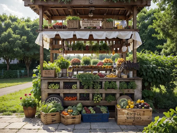 (a food stall:1.1,stand:1.1) filled with an abundance of vibrant and fresh (vegetables and fruits) is set up in the midst of a flourishing field of (crops). The scene is bathed in the warm glow of a (sunny day), as the colorful produce glistens under the g...