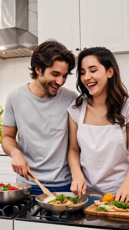 A couple laughing together while cooking or sharing a meal, simbolizando momentos de felicidade e cumplicidade no cotidiano