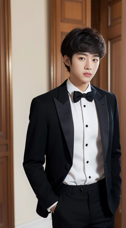 1 boy, black pants, black blazer, white long sleeve shirt, black tie, panama hat, suit chain, cute, teen, charismatic, cold, elegant, background mansion, below average height, black cold perm hair cut , brown eyes, Korean