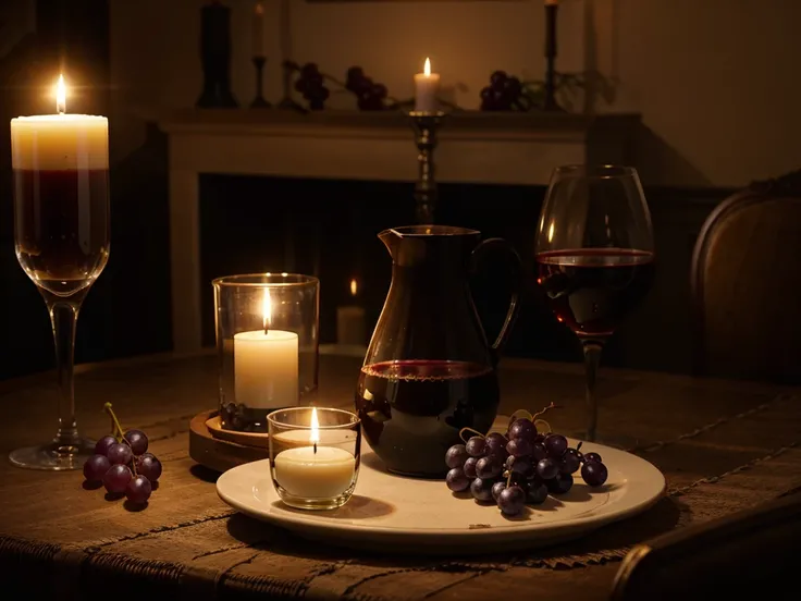 Still life, carafe with wine, glasses, cups, grapes on a plate, burning candle, mood