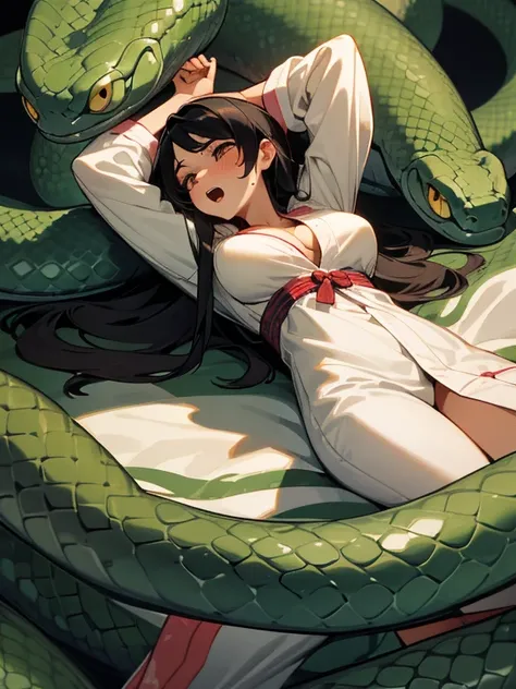 girl lays on a bed, 1girl, solo, breasts, ,black hair, long hair ,((lying on back)), (pajamas:1.0), white pajamas, (open clothes), (surrounded by snakes), lying, on back, arms up, (snake wrapped around arms), (large breasts), (Background: Bedroom with tata...