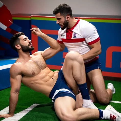  Capitan de futbol americano borracho sin camisa, kissed on the mouth and masturbated by a cheerleader man smaller and thinner than him, en un sillon sentado, bulto grande, enorme_, mostrando pectorales y abdominales completos,wet dreams, Great erection, b...