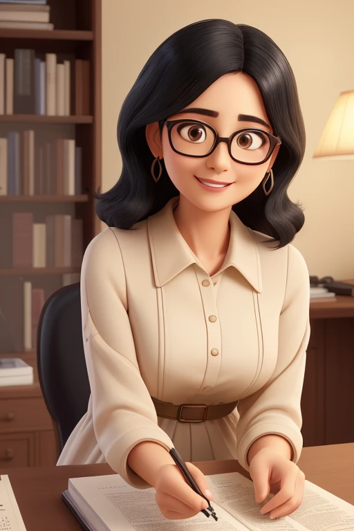 (highest quality,super detailed,realistic:1.37)oil、information collector、laptop on desk、black hair、Shortcuts to the shoulder、round face、Wear glasses、60 years old、A gentle smile that envelops you、Unbleached beige long-sleeved dress、Highly curious、I love tal...