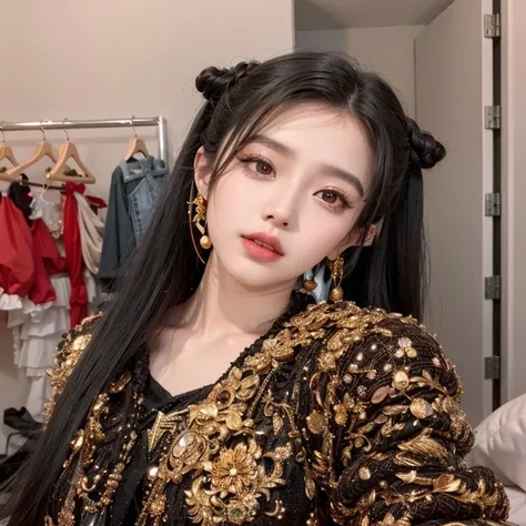 araffe vestindo um top de lantejoulas preto e dourado e um lenço preto, Ulzzang, cai xukun, Sha Xi, dilraba dilmurat, full body Xianxia, Xisionwu, gongbi, Xintong Chen, Xianxia, retrato do ídolo coreano feminino, Bela Delfina