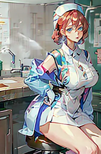 nurse uniform,hospital, latex nurse suit,nurses,busty,elbow gloves,labcoat,redhair woman,blue eyes , gigantic boobs ,medical instruments,asian nurse,two nurses,speculum,examination room,oversize boobs, ,big ass ,strap on, lay on table ,legs spreaded,giving...