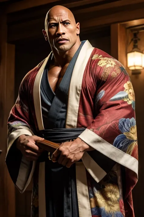 Kimono Dwayne Johnson　grim expression　matchlock