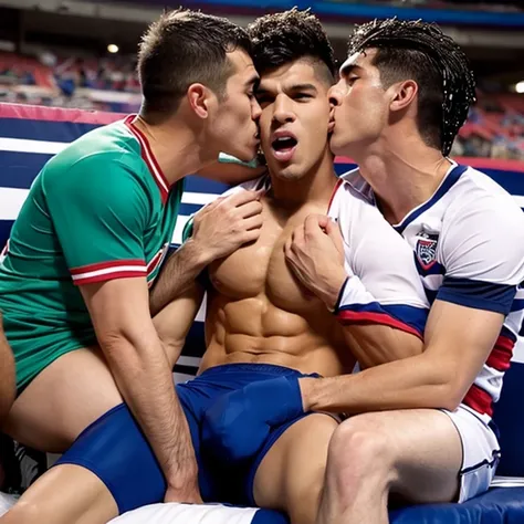  Capitan musculoso de futbol americano borracho, sin camisa, kissed on the mouth and masturbated by a cheerleader man smaller and thinner than him, en un sillon sentado, bulto grande, mostrando pectorales y abdominales completos,wet dreams, Great erection,...