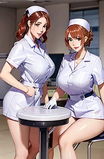 nurse uniform,hospital, latex nurse suit,nurses,busty,elbow gloves,labcoat,redhair woman,blue eyes , gigantic boobs ,medical instruments,asian nurse,two nurses,speculum,examination room,oversize boobs, ,big ass ,strap on, lay on table ,legs spreaded,giving...