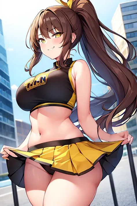 1girl, large breasts, wide hips, thick thighs, brown hair, ponytail, yellow eyes, smirk, smug, smile, cheerleader, wind lift, skirt, black clothes, sports bra, yellow trim, highleg panties, highleg,