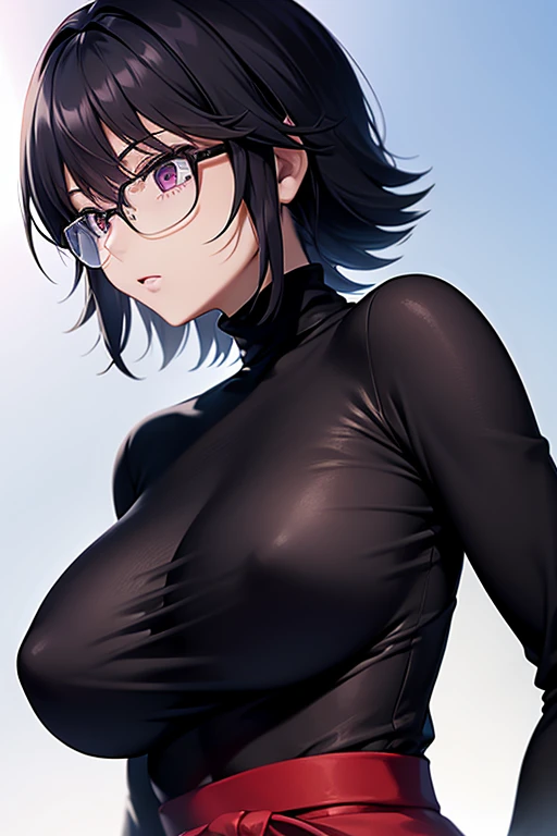 Shizuku Murasaki, 1girl, black hair, short hair, eyewear, large breast, ((tight black long sleeve undershirt, turtleneck)), breast hold, upper body, looking at view, from below, (masterpiece, high resolution, best quality, anime screencap, anime colored, 8...