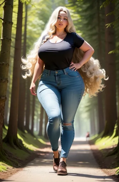 meisterwerk, beste qualität, huge heavy breasts,  shirt, tight jeans trousers, long wavy hair, walking in the forest, next to a ...