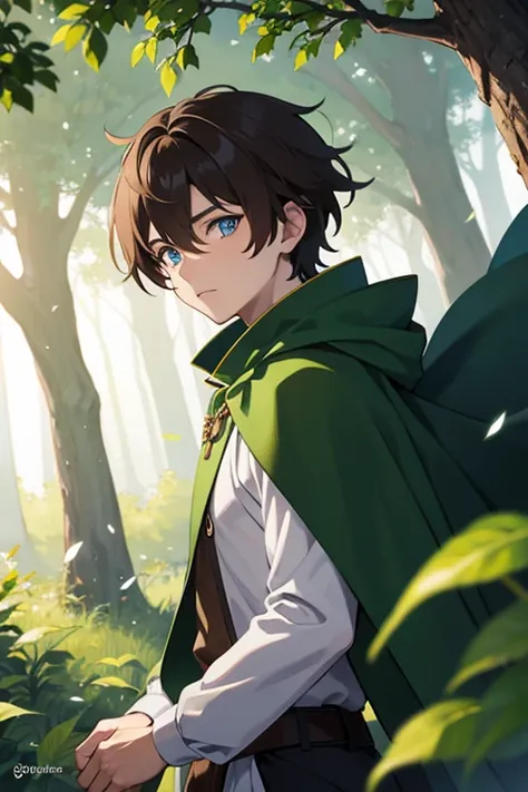 front view, anime boy with bright brown hair and bright blue eyes in the forest, wearing a green cloak, medieval anime art