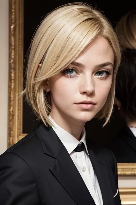 Portrait of a European girl,One,20 years,Beautiful face,Upper body,Hair over one eye,Middle side cut, blonde hair, Sharp Focus,Black business suit