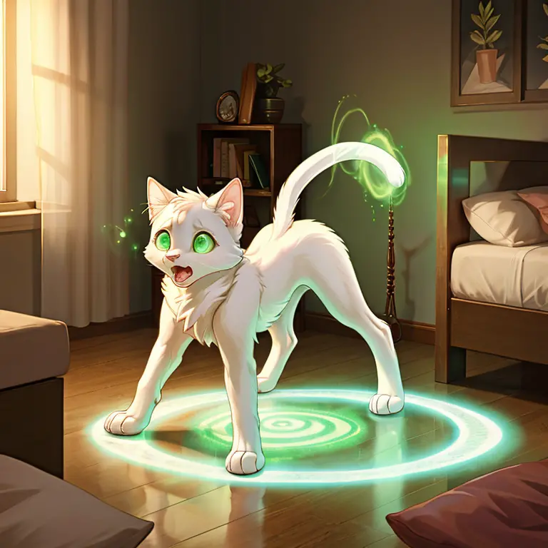 shocked and scared slim feral Female cat with White fur and pik hairs and glowing Green eyes standing on all fours there are some traces of magic floating around her she is in a bedroom