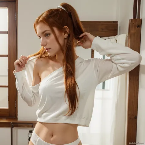 beautiful redhead, loose long hair, green eyes, white clothes, ponytail, latino skin, 18 years old, Gorgeous woman, Flashing, sexy, 