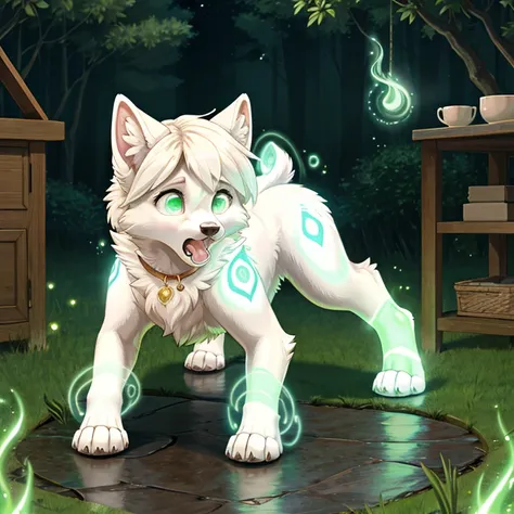 shocked and scared feral Female dog with White fur and pik hairs and glowing Green eyes standing on all fours there are some traces of magic floating around her she is in a bedroom