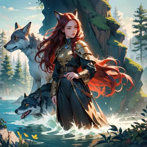 high details, best quality, 8k, [ultra detailed], masterpiece, best quality, (extremely detailed), dynamic angle, ultra wide shot, RAW, photorealistic, fantasy art, dnd art, rpg art, realistic art, a wide angle picture of a female human ranger and her pet ...