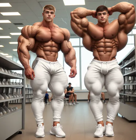 white skin, tall to the ceiling, bodybuilder, highschool freshman, studying hard in high school library, dressed in tight sweat pants and shirtless, show abs, cute young face, great height difference. high detail faces. show full height, 4 bodybuilders in ...