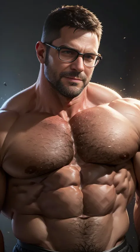 An award-winning original photo，A wild muscular man, (40 years old daddy:1.1), 1boy, Solo, (big shoulders), musculature, stubbles, Short beard, Beautiful eyes:1.3, ), (Detailed face:1.3), wearing glasses, smiles, Dynamic Angle, volumetric lighting, (Best q...