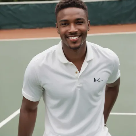 Make a post of a young black man smiling failed nose medium size dark skin and short hair cut low goatee Dress clothes White dress shirt play tennis