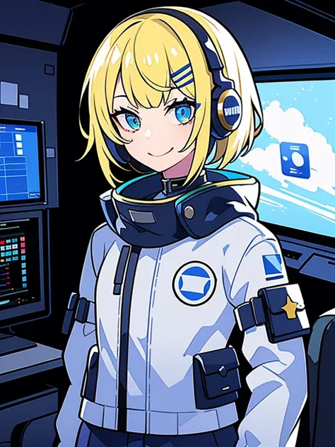 very detailed、最高masterpiece、1 girl, masterpiece, short hair, blonde, blue eyes, Severe, mechanical suit,headphone、 white suit, portrait, Inside the space station、cyber punk,