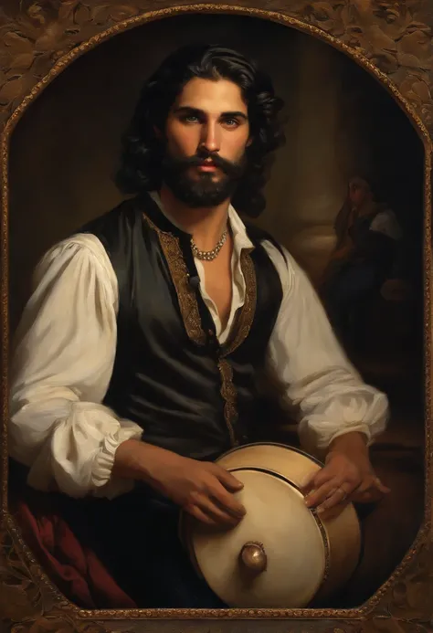 ((Baroque style painting of a young gypsy with a well-groomed beard)) ((man with a rounded and sexy mouth, well-groomed and inviting, strong and masculine face)), perfect as a God, ((the most beautiful man in the world )), earrings and bracelets, handsome ...