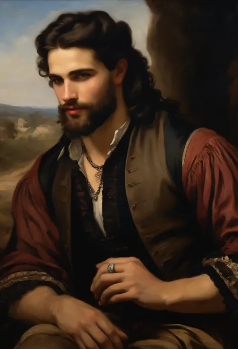 ​((Baroque style painting of a young gypsy with a clean beard)) earrings and bracelets, handsome and strong young man, sexy and masculine, lascivious and naughty face, dressed in vest, shirt and pants in the style from the Victorian Era, blue eyes, long, s...