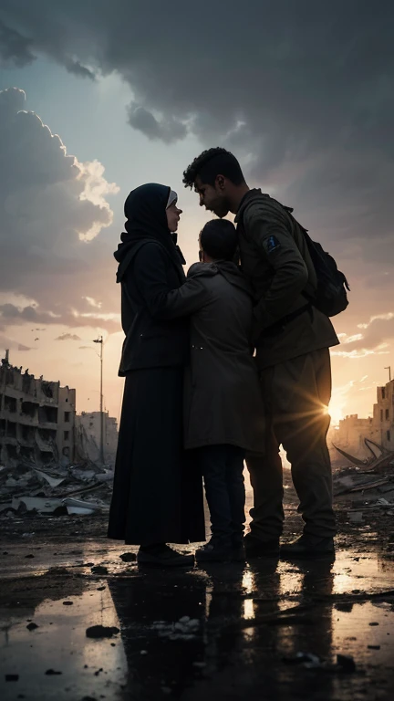 (Quality tags: masterpiece, best quality, official art:1.2), a cinematic scene portraying the tragedy in Gaza after Israeli attacks, (scenes of grief-stricken families and razed homes:1.3), a dynamic representation of the widespread assault on all faciliti...