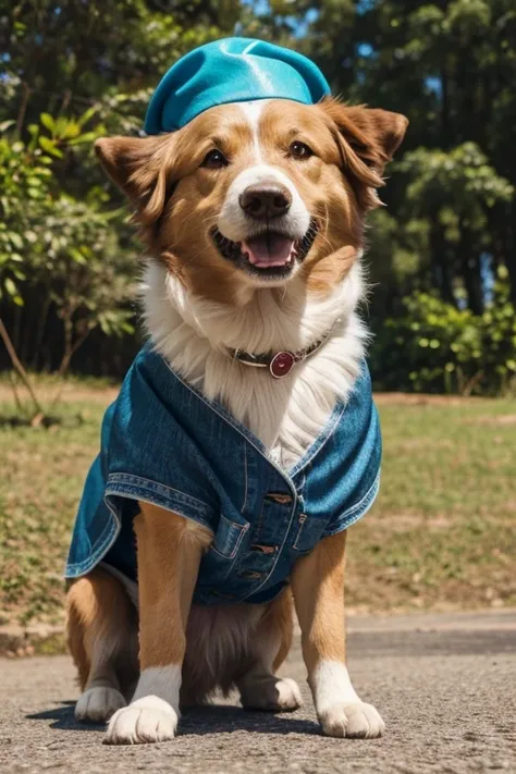 Collie dog with abnormal size hair, pelugem tamanho Gigantescos, pelagem muito longo  e cor dos pelos albino, veste casaco, veste jaqueta de couro preta brilhoso, veste jaqueta jeans, usando roupas jeans, usando roupas da moda, usando vestido fofo de princ...