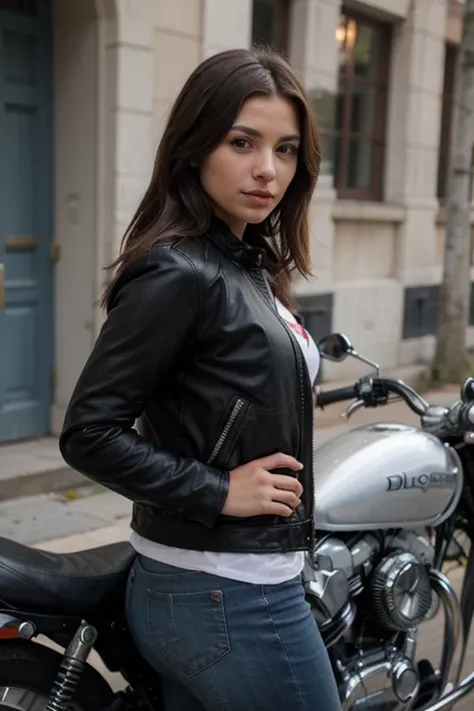 belle femme latino sur une moto ,blouson de cuir