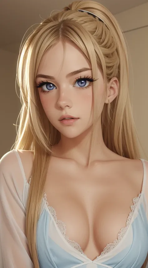 angelical face, cute face, digital portrait,white dress, long blond hair, ponytail, messy hair , very pleased face, sexy look, full body, perfect face, blue eyes, flirtatious look, |8k, maximum detail, perfect skin , extreme skin texture, extreme hair deta...