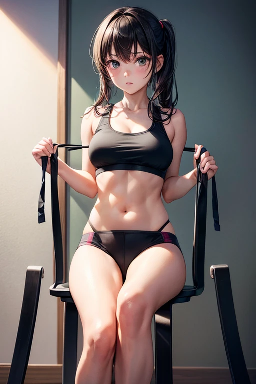 girl in black sports bra tied to a chair with rope