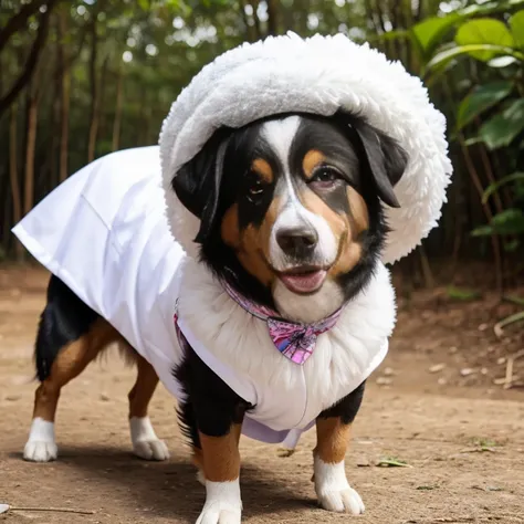 Collie dog with abnormal size hair, pelugem tamanho Gigantescos, pelagem muito longo  e cor dos pelos albino, veste casaco, veste jaqueta de couro preta brilhoso, usando roupas da moda, usando vestido fofo de princesa ou vestido fofo de noiva, brincando co...