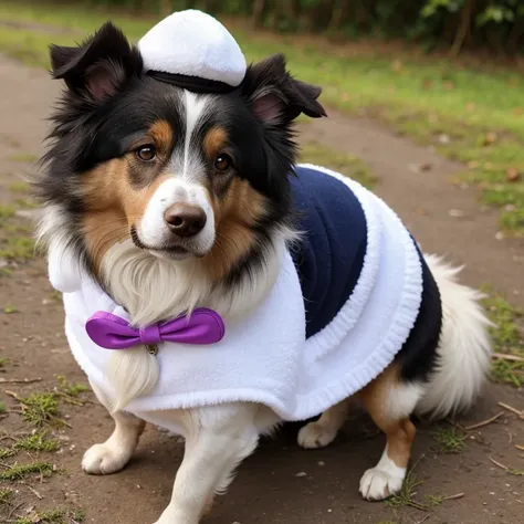 Collie dog with abnormal size hair, pelugem tamanho Gigantescos, pelagem muito longo  e cor dos pelos albino, veste casaco, veste jaqueta de couro preta brilhoso, usando roupas da moda, usando vestido fofo de princesa ou vestido fofo de noiva, brincando co...