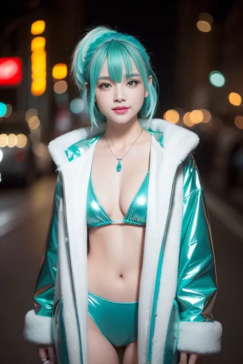 female idol、lipgloss, smiling face, full body Esbian、shiny necklace,（black and silver）、shiny latex tight mini bikini top,（turquoise blue and light green）、sheer latex tight mini slip,（turquoise blue and light green）、Colorful hair, long coat with fluffy fur,...