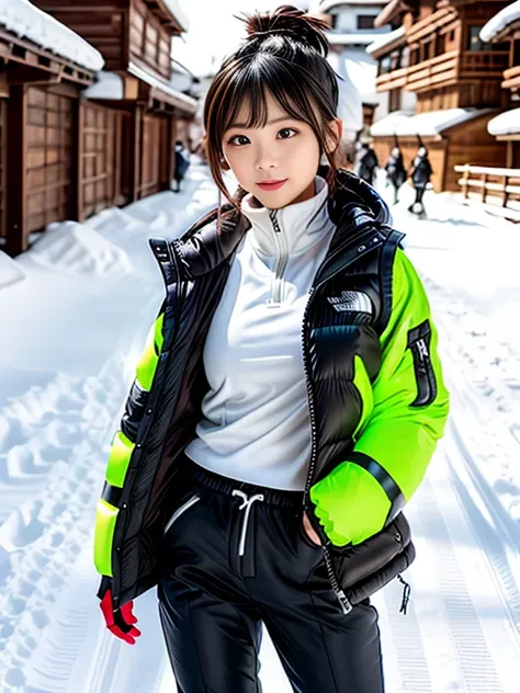 very detailed、masterpiece、Ski Resort Background、a woman in a (white down vest at northface):1.4, white puffer vest and black pants posing for a picture, model is wearing techtical vest, sportswear, sportswear, かわいいsportswear, nanocarbon-vest,headphone, whi...