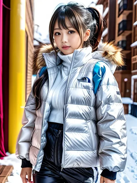 very detailed、masterpiece、Ski Resort Background、a woman in a (white down vest at northface):1.4, white puffer vest and black pants posing for a picture, model is wearing techtical vest, sportswear, sportswear, かわいいsportswear, nanocarbon-vest, white!!, whit...