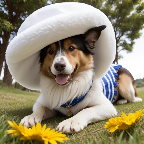 Collie dog with abnormal size hair, pelugem tamanho Gigantescos, pelagem muito longo  e cor dos pelos albino, veste casaco, veste jaqueta de couro
 preta brilhoso, usando roupas da moda, usando vestido fofo de princesa ou vestido fofo de noiva, brincando c...