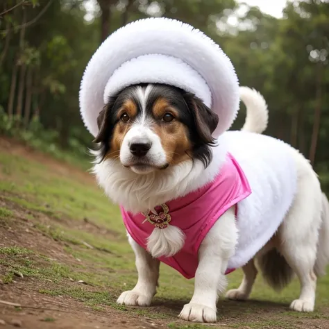 Collie dog with abnormal size hair, pelugem tamanho Gigantescos, pelagem muito longo  e cor dos pelos albino, veste casaco, veste jaqueta de couro
 preta brilhoso, usando roupas da moda, usando vestido fofo de princesa ou vestido fofo de noiva, brincando c...