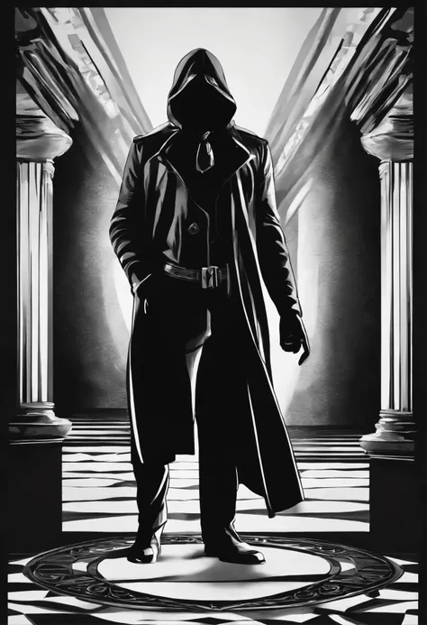 black anonymous spy silhouette standing with hands in pockets, looking at viewer, black and white style, black background, cartoon style, cool pose, album cover, renaissance