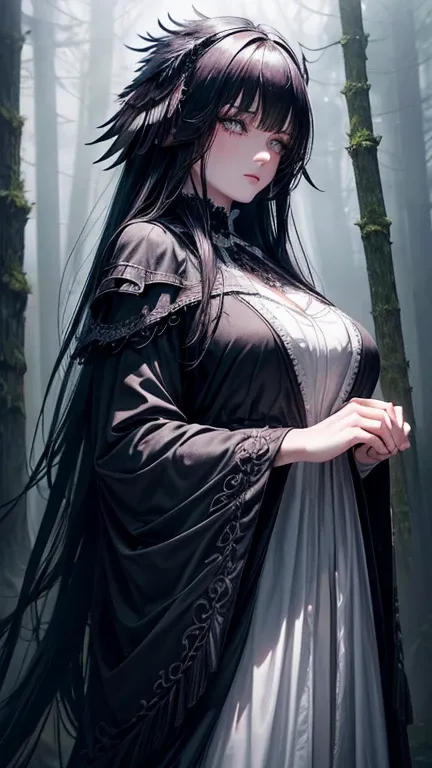 best quality,4k,8k,highres,masterpiece:1.2,ultra-detailed,(realistic,photorealistic,photo-realistic:1.37),dark haired raven girl with beautiful detailed eyes,long eyelashes,pale skin, wearing a black feathered dress, standing in a mystical forest, surround...