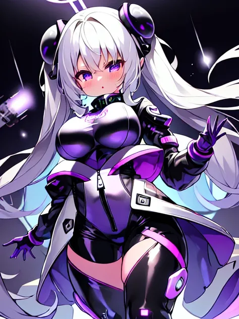 very detailed、masterpiece、high quality、one high school girl、12 years old、Loli、(black and white space suit、accent)、front zipper、(Futuristic, Tight Fit Bodysuit)、headphone、Cyberpunk space station interior background、(colorful purple hair),ロングtwin tails, (pin...