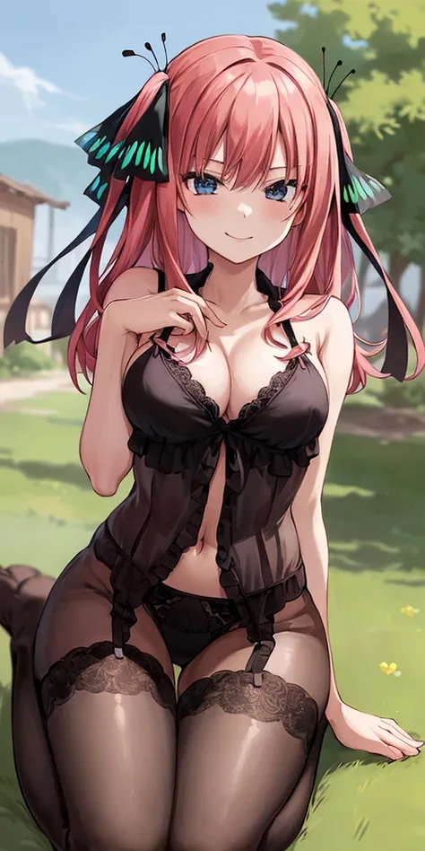 2d, masterpiece, best quality, anime, highly detailed, 1girl, solo, cowboy shot, nakano nino, pink hair, butterfly hair ornament, ((black lingerie)), ((black stockings)), medium breasts, kneeling, school, outdoors, seductive smile