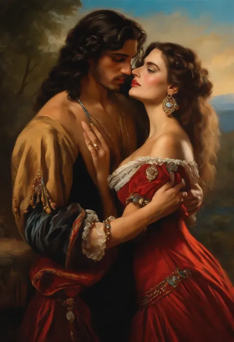 ​((Baroque style painting of a beautiful gypsy couple, man and woman)) earrings and bracelets, beautiful and sexy young people, lascivious and mischievous face, dressed in red, black and gold clothes in the style of the Victorian Era, light blue eyes, mout...