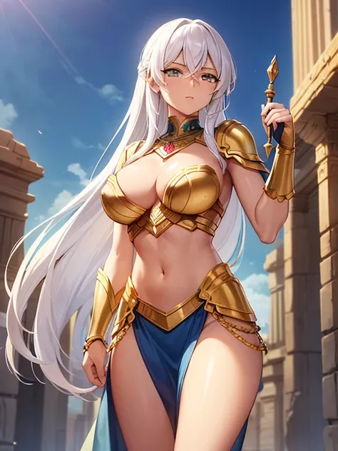 Mesopotamian warrior goddess (dark skin) (1 girl) (short chin-length white hair) (green eyes) (toned and slender body with perfect breasts) (armor and mesopotamian clothing of gold with blue color) (seductive pose) (Mesopotamian ruins) (day sky)