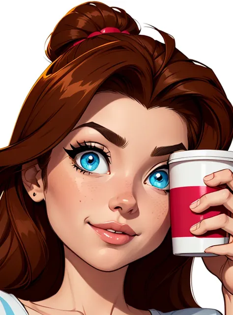 (cartoon style:1.2),  drawing of girl, perfect eyes, detailed face, holding a cup, white background, small breasts 