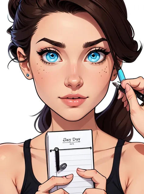 (cartoon style:1.2),  drawing of girl, perfect eyes, detailed face, holding a diary, white background, small breasts 