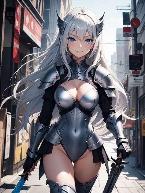 Female knight, leotard armor, long silver hair, blue eyes, smiling, walking in the crowded city, holding a weapon in hand, big bust